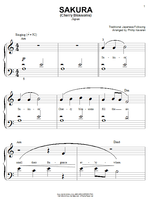 Japanese Folksong Sakura (Cherry Blossoms) Sheet Music Notes & Chords for Piano (Big Notes) - Download or Print PDF