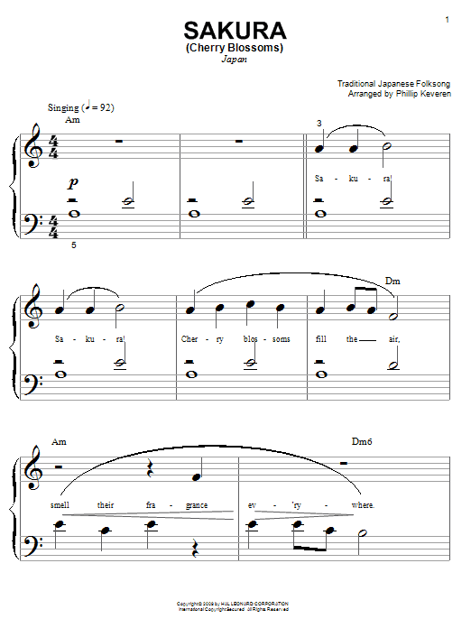 Preview Japanese Folksong Sakura (Cherry Blossoms) Folk sheet music, notes and chords for Piano (Big Notes), SKU: 68345 Sakura (Cherry Blossoms) sheet music