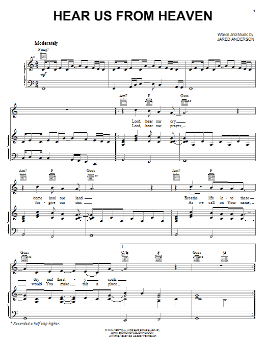 Jared Anderson Hear Us From Heaven Sheet Music Notes & Chords for Melody Line, Lyrics & Chords - Download or Print PDF