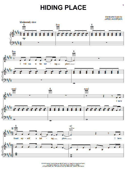 Jared Anderson Hiding Place Sheet Music Notes & Chords for Piano, Vocal & Guitar (Right-Hand Melody) - Download or Print PDF Jared Anderson Hiding Place Sheet Music Notes & Chords for Piano, Vocal & Guitar (Right-Hand Melody) - Download or Print PDF