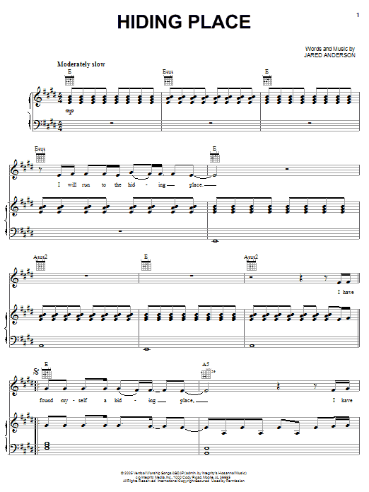 Jared Anderson Hiding Place Sheet Music Notes & Chords for Piano, Vocal & Guitar (Right-Hand Melody) - Download or Print PDF