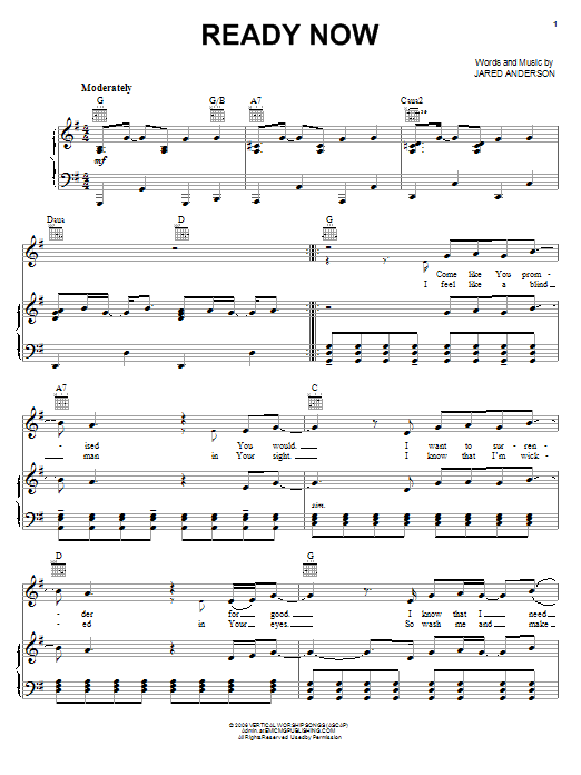 Jared Anderson Ready Now Sheet Music Notes & Chords for Piano, Vocal & Guitar (Right-Hand Melody) - Download or Print PDF