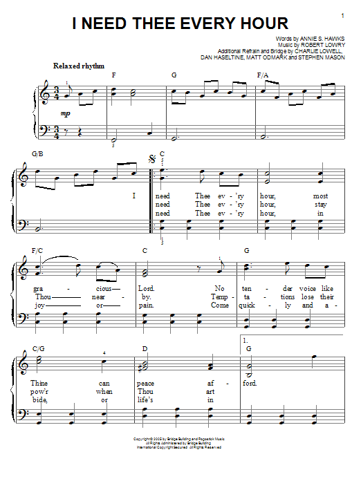 Jars Of Clay I Need Thee Every Hour Sheet Music Notes & Chords for Easy Piano - Download or Print PDF