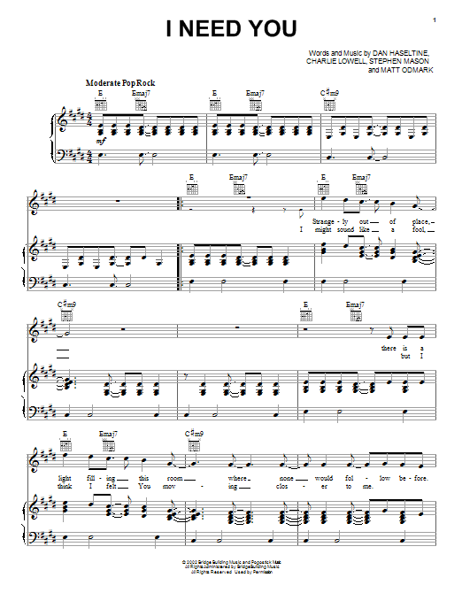 Jars Of Clay I Need You Sheet Music Notes & Chords for Piano, Vocal & Guitar (Right-Hand Melody) - Download or Print PDF