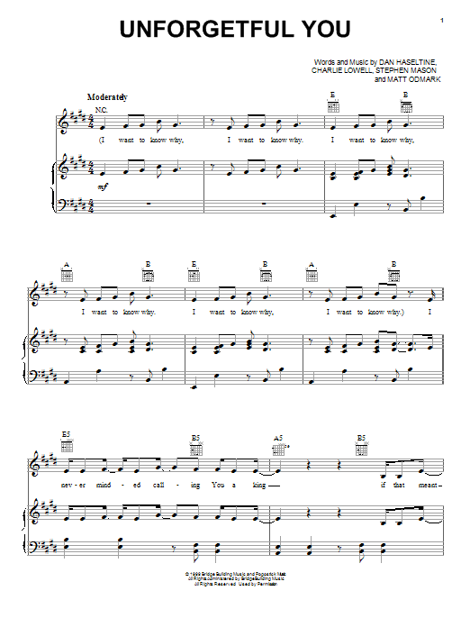 Jars Of Clay Unforgetful You Sheet Music Notes & Chords for Piano, Vocal & Guitar (Right-Hand Melody) - Download or Print PDF