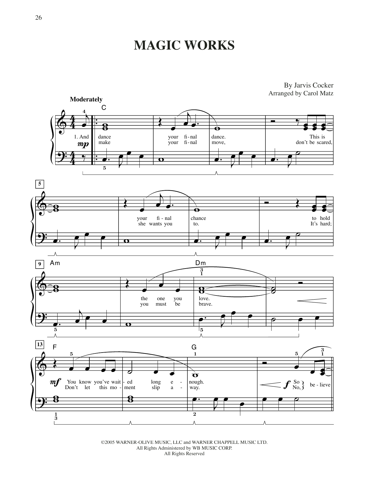Jarvis Cocker Magic Works (from Harry Potter) (arr. Carol Matz) Sheet Music Notes & Chords for Big Note Piano - Download or Print PDF