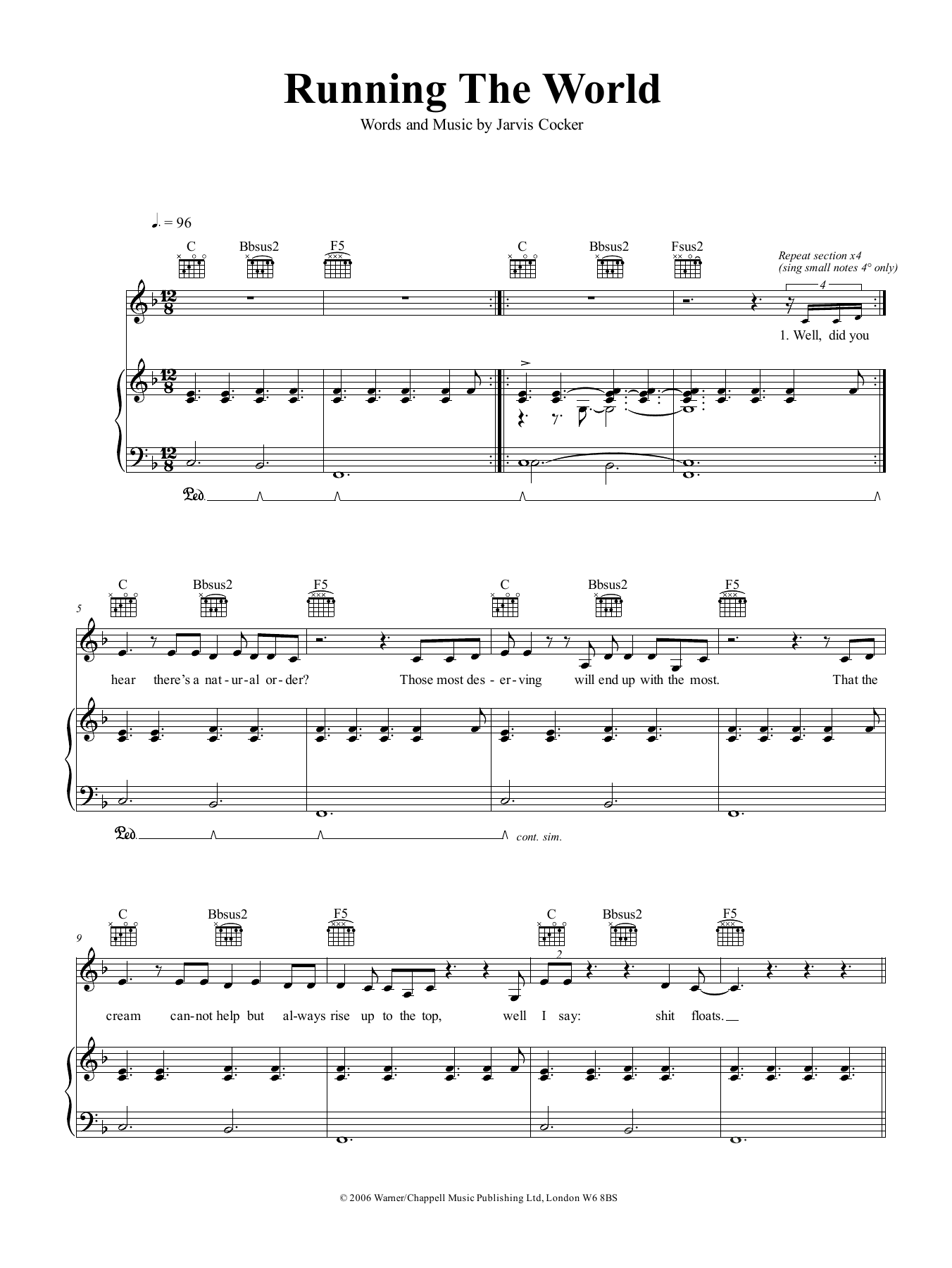 Jarvis Cocker Running The World Sheet Music Notes & Chords for Piano, Vocal & Guitar (Right-Hand Melody) - Download or Print PDF
