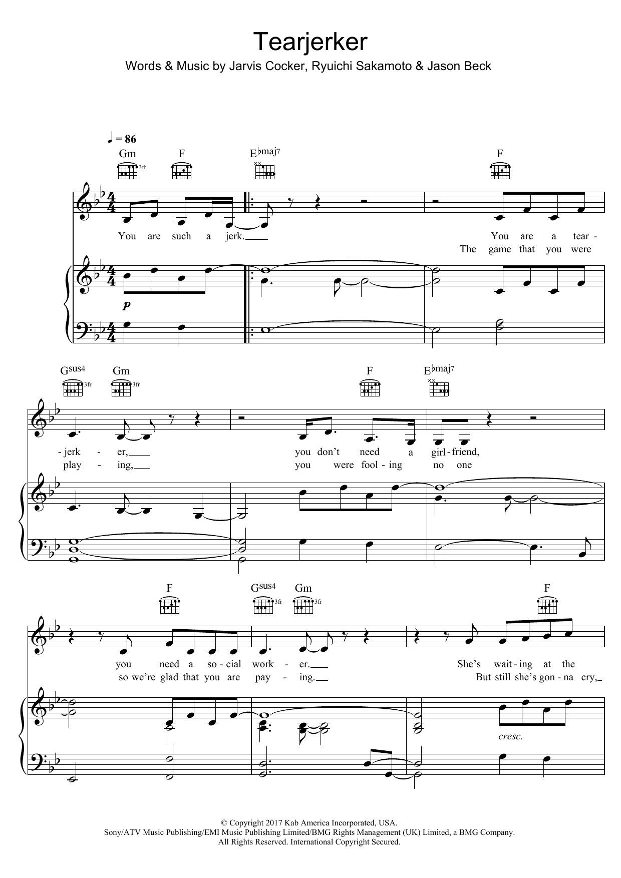 Jarvis Cocker Tearjerker Sheet Music Notes & Chords for Piano, Vocal & Guitar (Right-Hand Melody) - Download or Print PDF