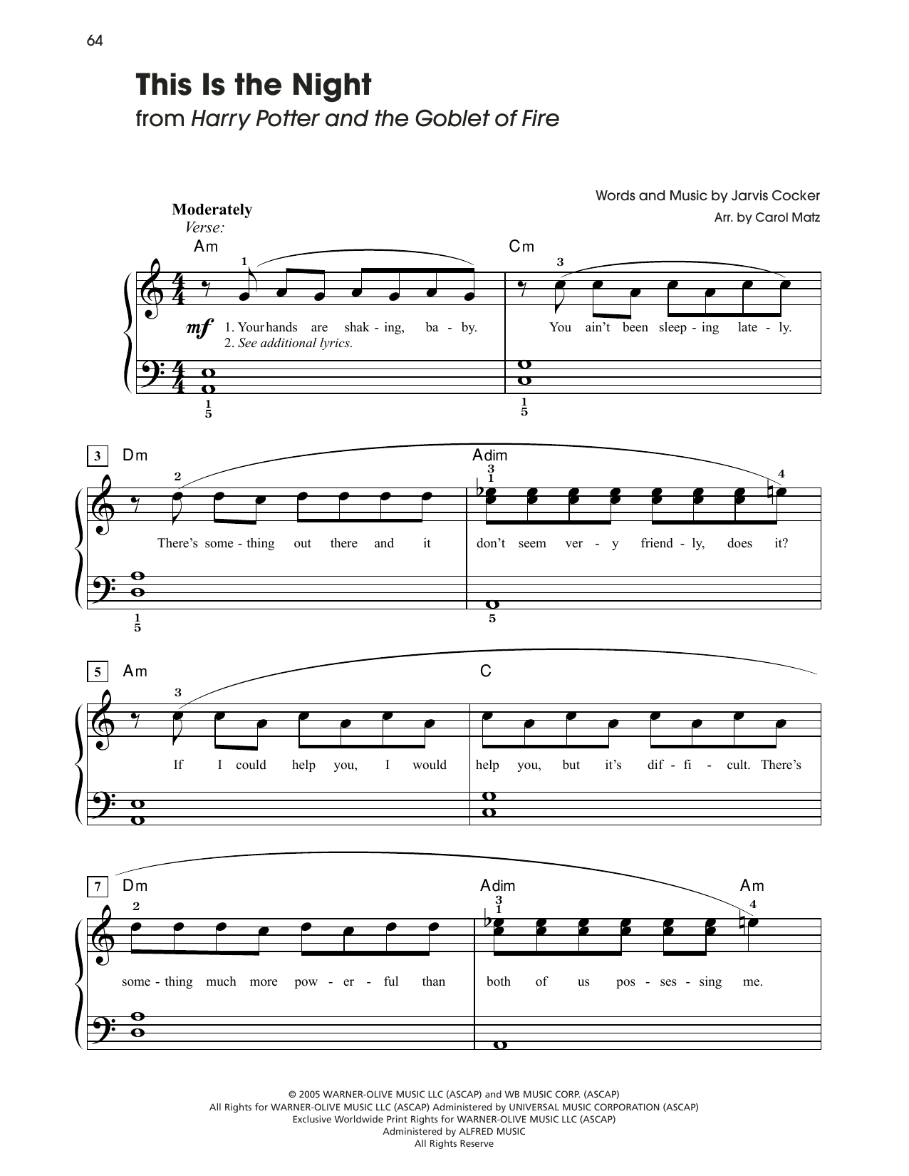 Jarvis Cocker This Is The Night (from Harry Potter And The Goblet Of Fire) (arr. Carol Matz) Sheet Music Notes & Chords for Big Note Piano - Download or Print PDF