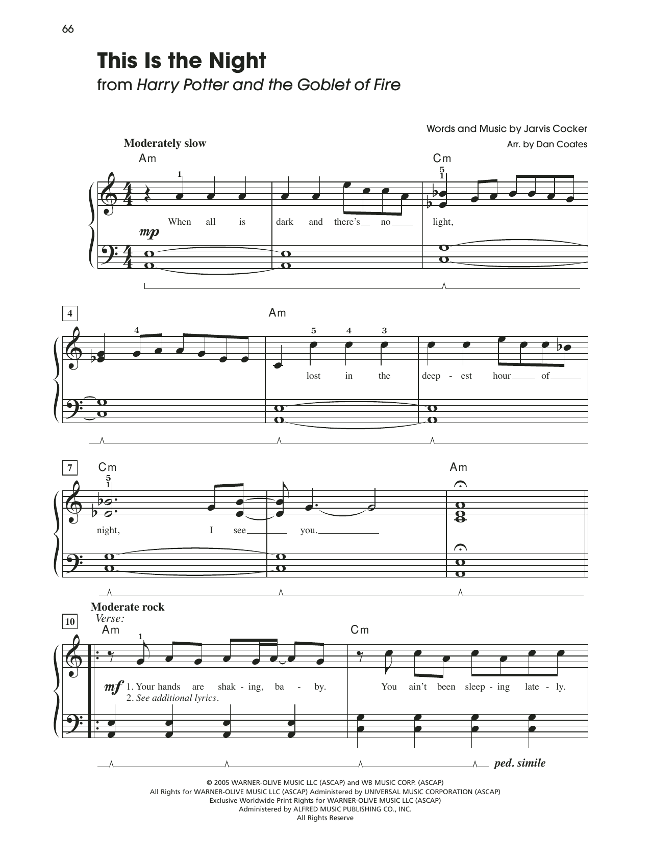 Jarvis Cocker This Is The Night (from Harry Potter And The Goblet Of Fire) (arr. Dan Coates) Sheet Music Notes & Chords for Easy Piano - Download or Print PDF