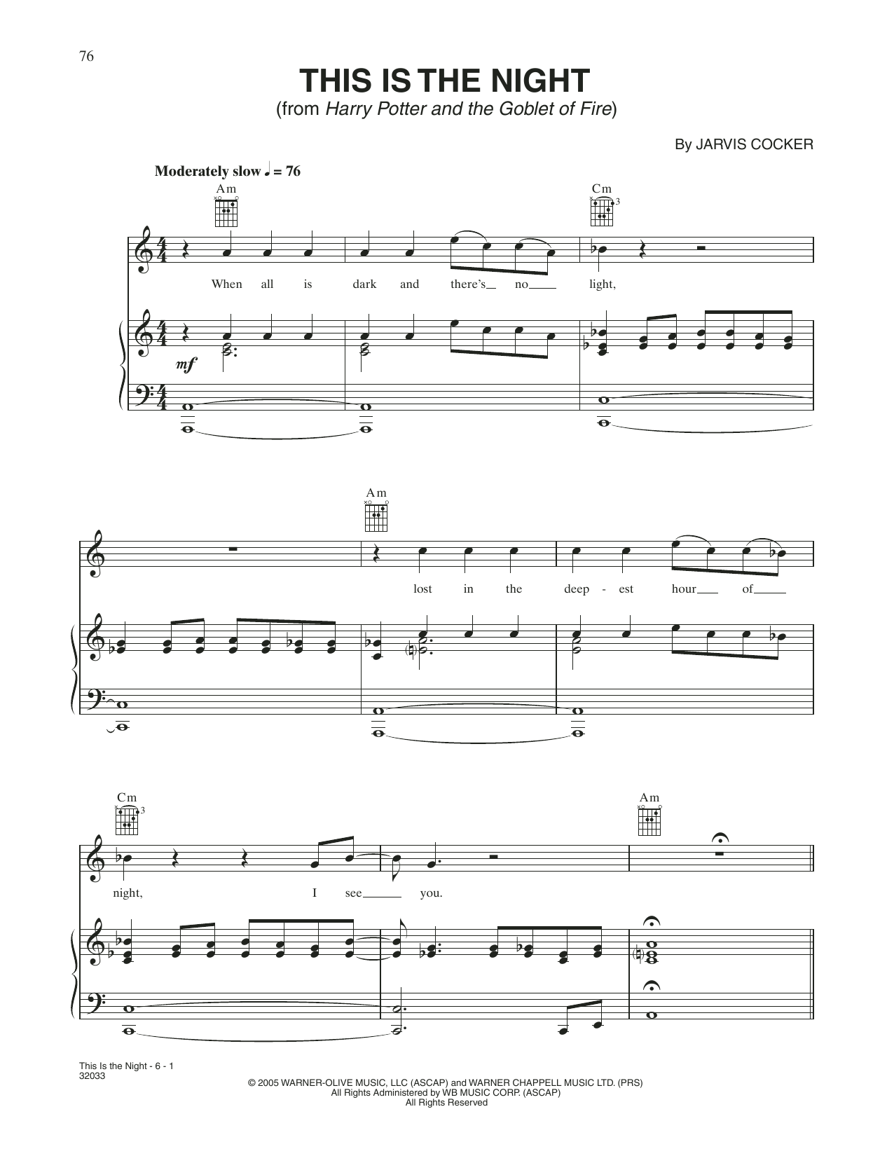 Jarvis Cocker This Is The Night (from Harry Potter And The Goblet Of Fire) Sheet Music Notes & Chords for Piano, Vocal & Guitar Chords (Right-Hand Melody) - Download or Print PDF
