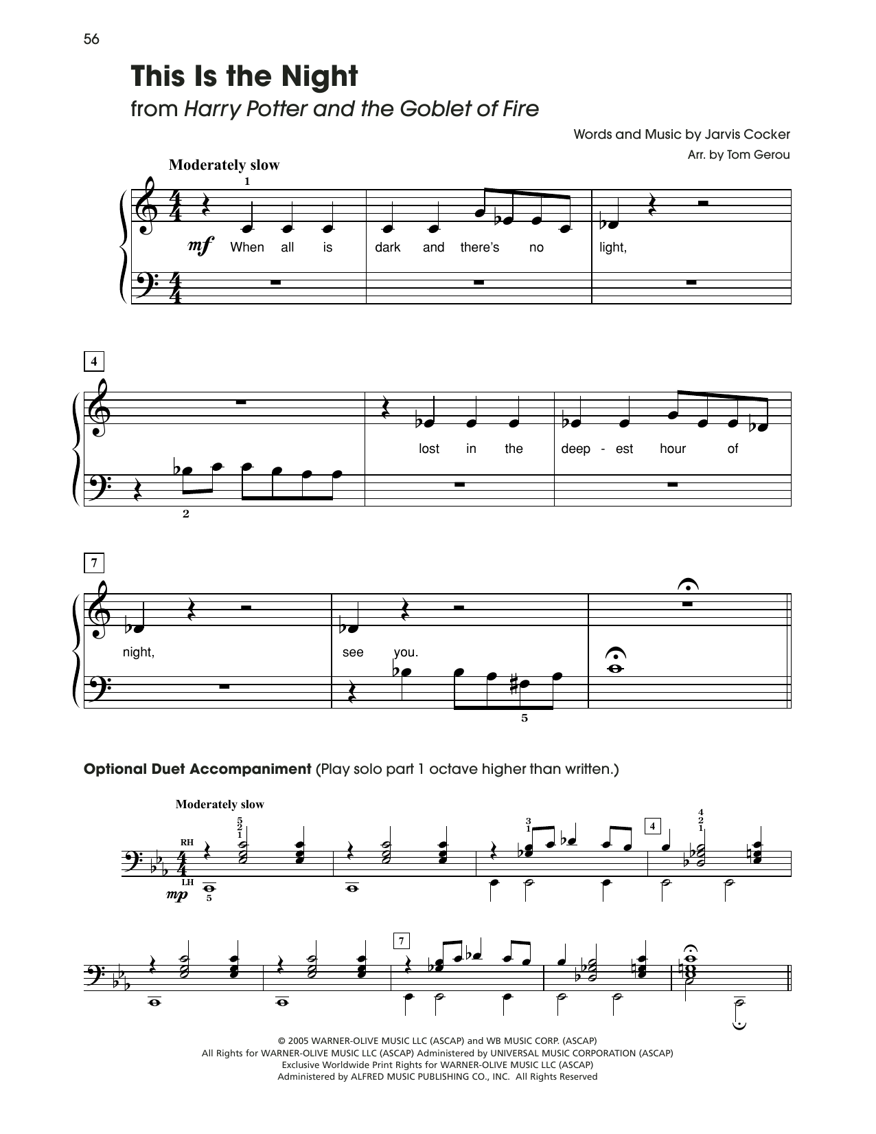 Jarvis Cocker This Is The Night (from Harry Potter) (arr. Tom Gerou) Sheet Music Notes & Chords for 5-Finger Piano - Download or Print PDF