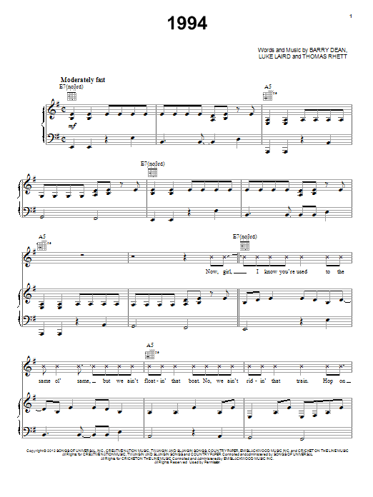 Jason Aldean 1994 Sheet Music Notes & Chords for Piano, Vocal & Guitar (Right-Hand Melody) - Download or Print PDF