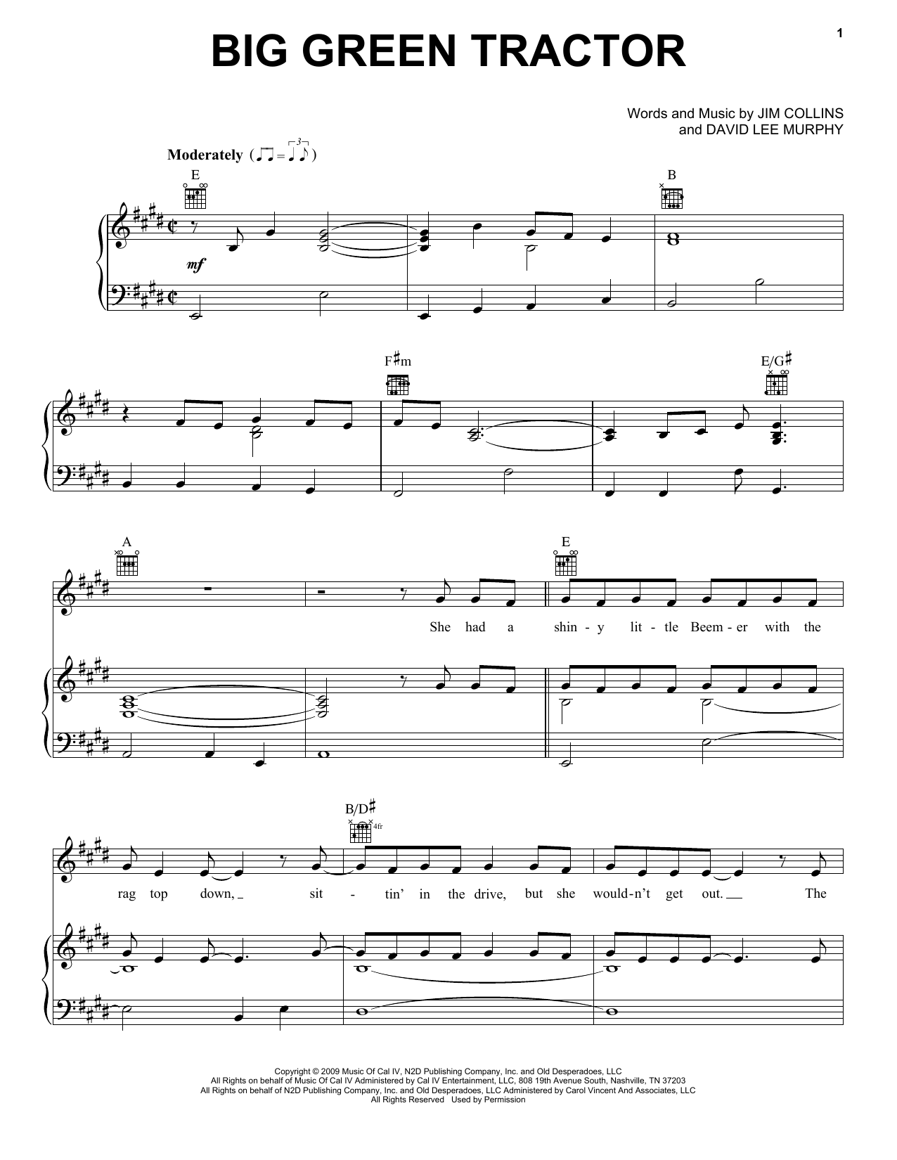 Jason Aldean Big Green Tractor Sheet Music Notes & Chords for Piano, Vocal & Guitar (Right-Hand Melody) - Download or Print PDF