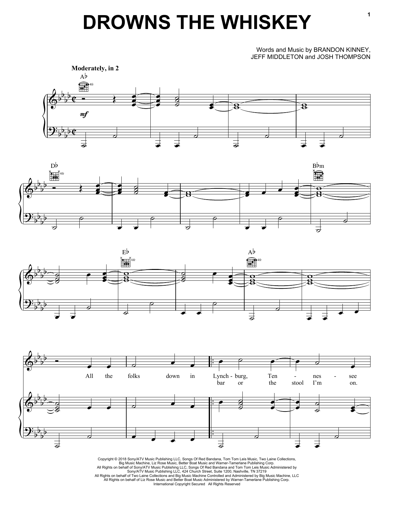 Jason Aldean Drowns The Whiskey (Feat. Miranda Lambert) Sheet Music Notes & Chords for Piano, Vocal & Guitar (Right-Hand Melody) - Download or Print PDF