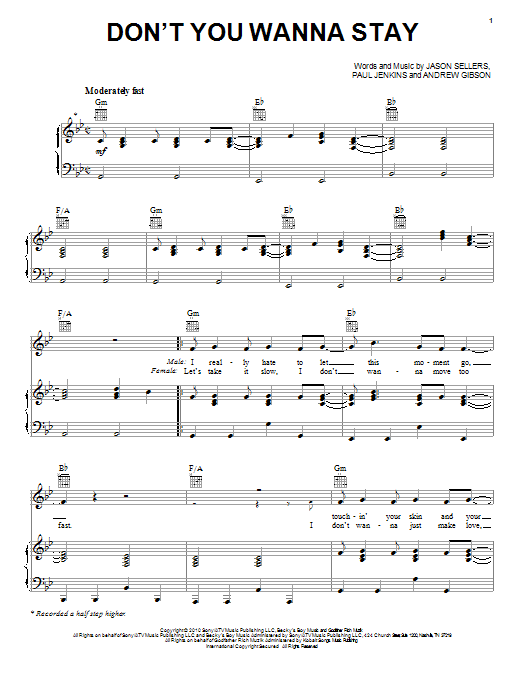 Jason Aldean featuring Kelly Clarkson Don't You Wanna Stay Sheet Music Notes & Chords for Piano, Vocal & Guitar (Right-Hand Melody) - Download or Print PDF