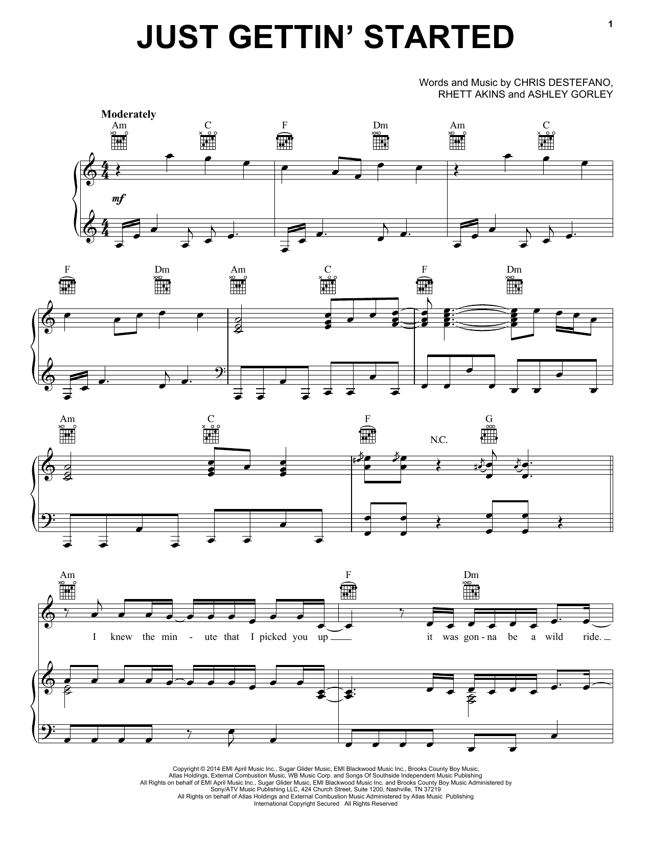 Jason Aldean Just Gettin' Started Sheet Music Notes & Chords for Piano, Vocal & Guitar (Right-Hand Melody) - Download or Print PDF