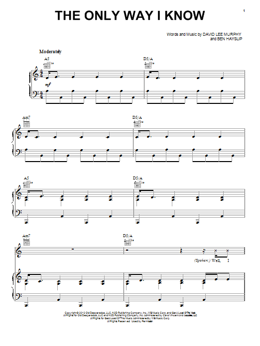 Jason Aldean The Only Way I Know Sheet Music Notes & Chords for Piano, Vocal & Guitar (Right-Hand Melody) - Download or Print PDF