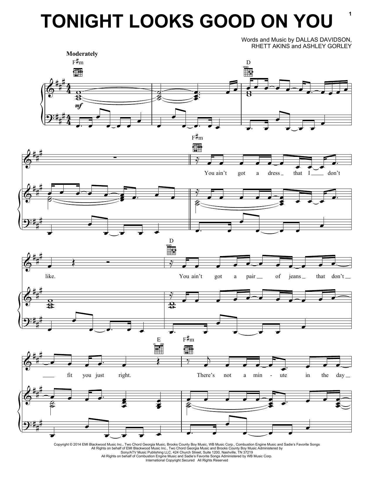 Jason Aldean Tonight Looks Good On You Sheet Music Notes & Chords for Piano, Vocal & Guitar (Right-Hand Melody) - Download or Print PDF