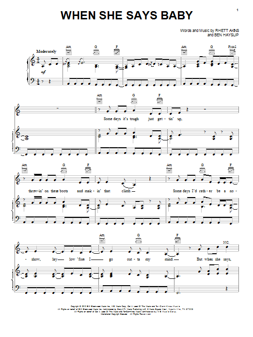 Jason Aldean When She Says Baby Sheet Music Notes & Chords for Piano, Vocal & Guitar (Right-Hand Melody) - Download or Print PDF