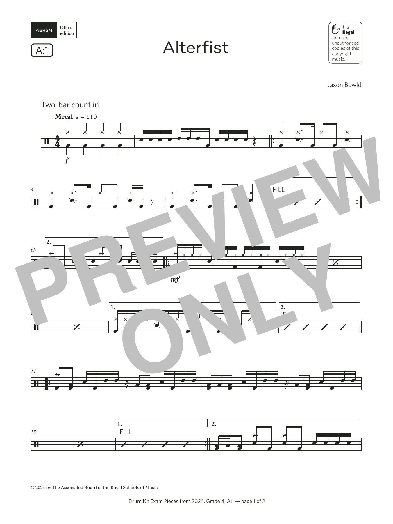 Jason Bowld Alterfist (Grade 4, list A1, from the ABRSM Drum Kit Syllabus 2024) Sheet Music Notes & Chords for Drums - Download or Print PDF