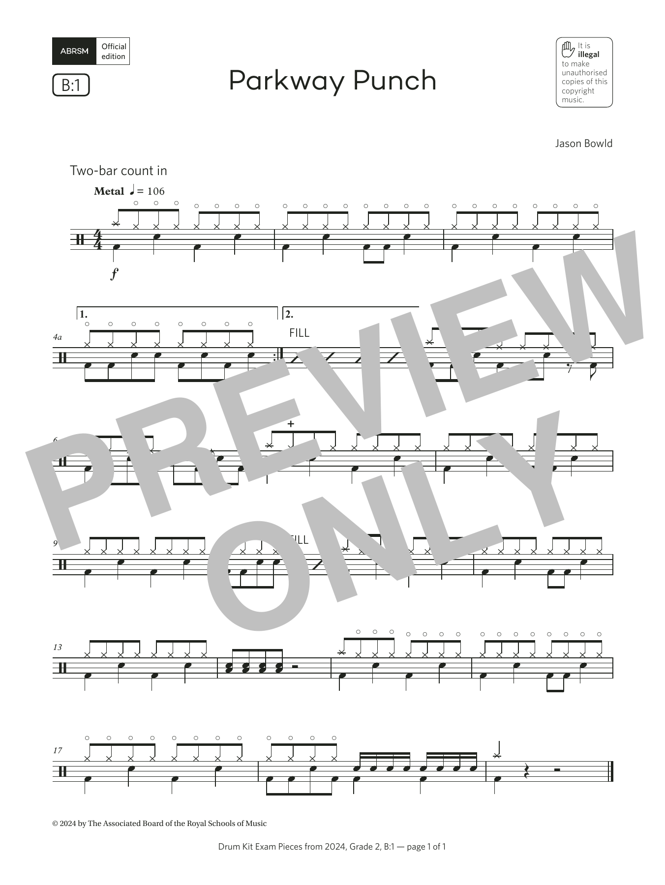 Jason Bowld Parkway Punch (Grade 2, list B1, from the ABRSM Drum Kit Syllabus 2024) Sheet Music Notes & Chords for Drums - Download or Print PDF