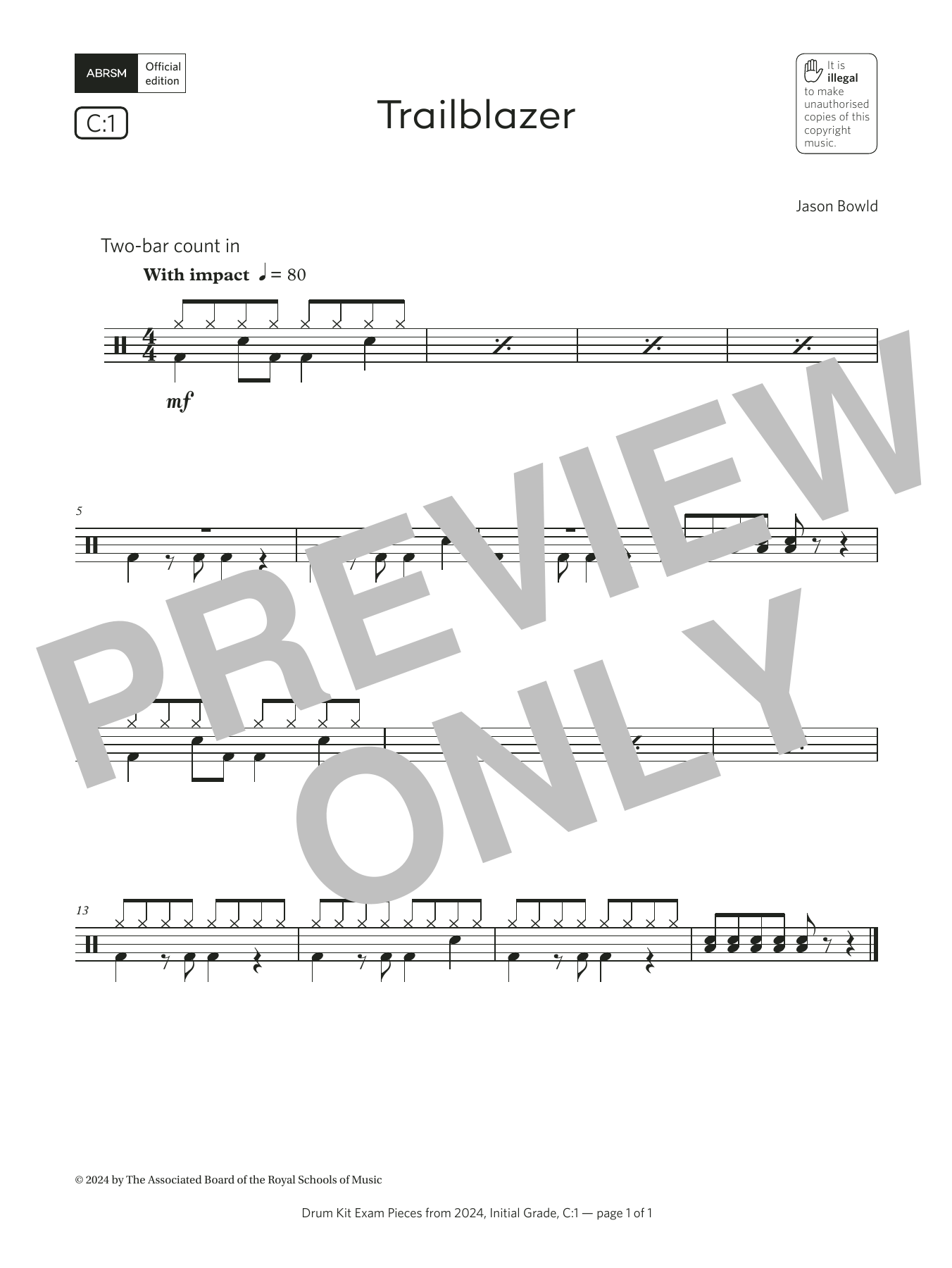 Jason Bowld Trailblazer (Grade Initial, list C1, from the ABRSM Drum Kit Syllabus 2024) Sheet Music Notes & Chords for Drums - Download or Print PDF