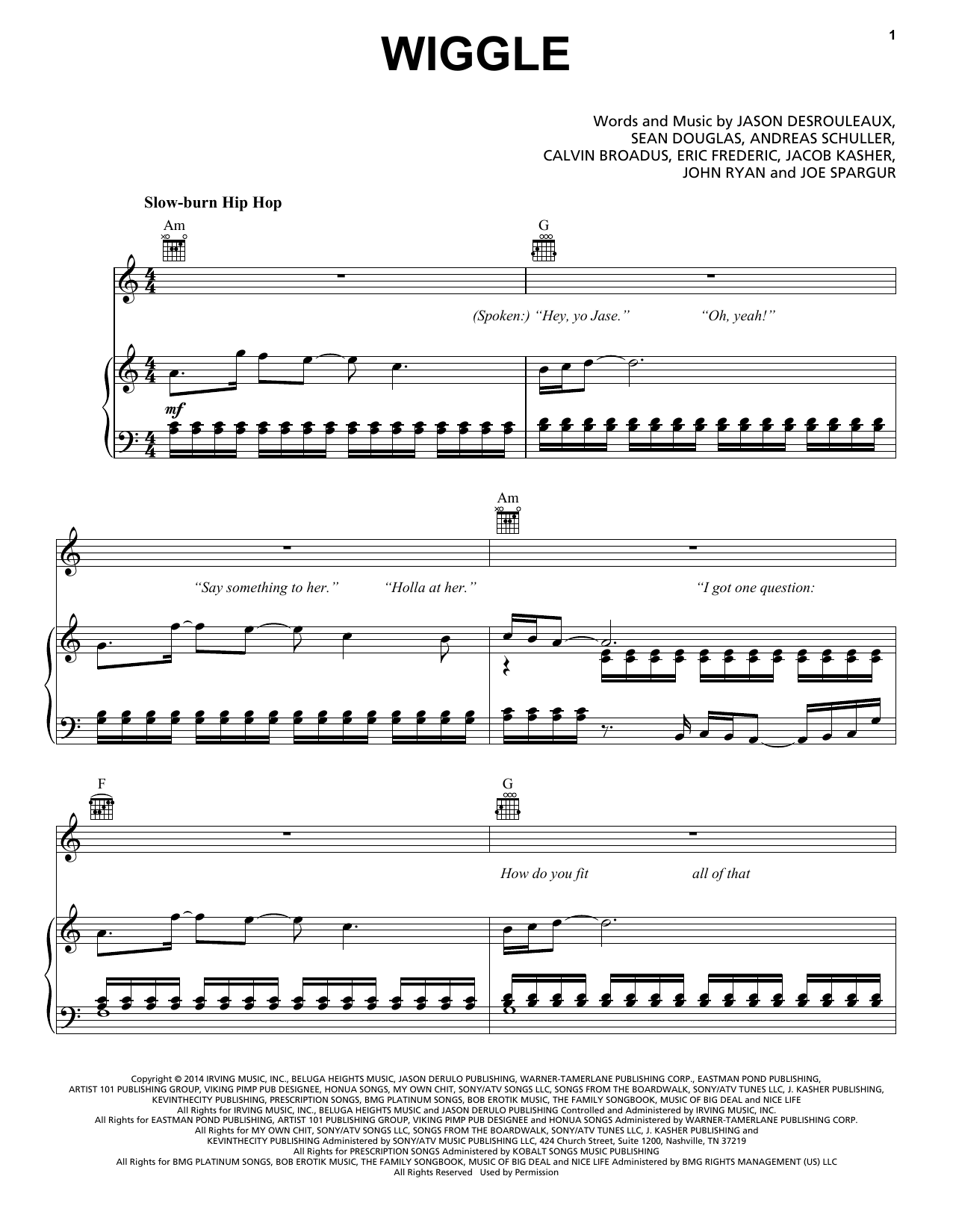 Jason Derulo Feat. Snoop Dogg Wiggle Sheet Music Notes & Chords for Piano, Vocal & Guitar (Right-Hand Melody) - Download or Print PDF