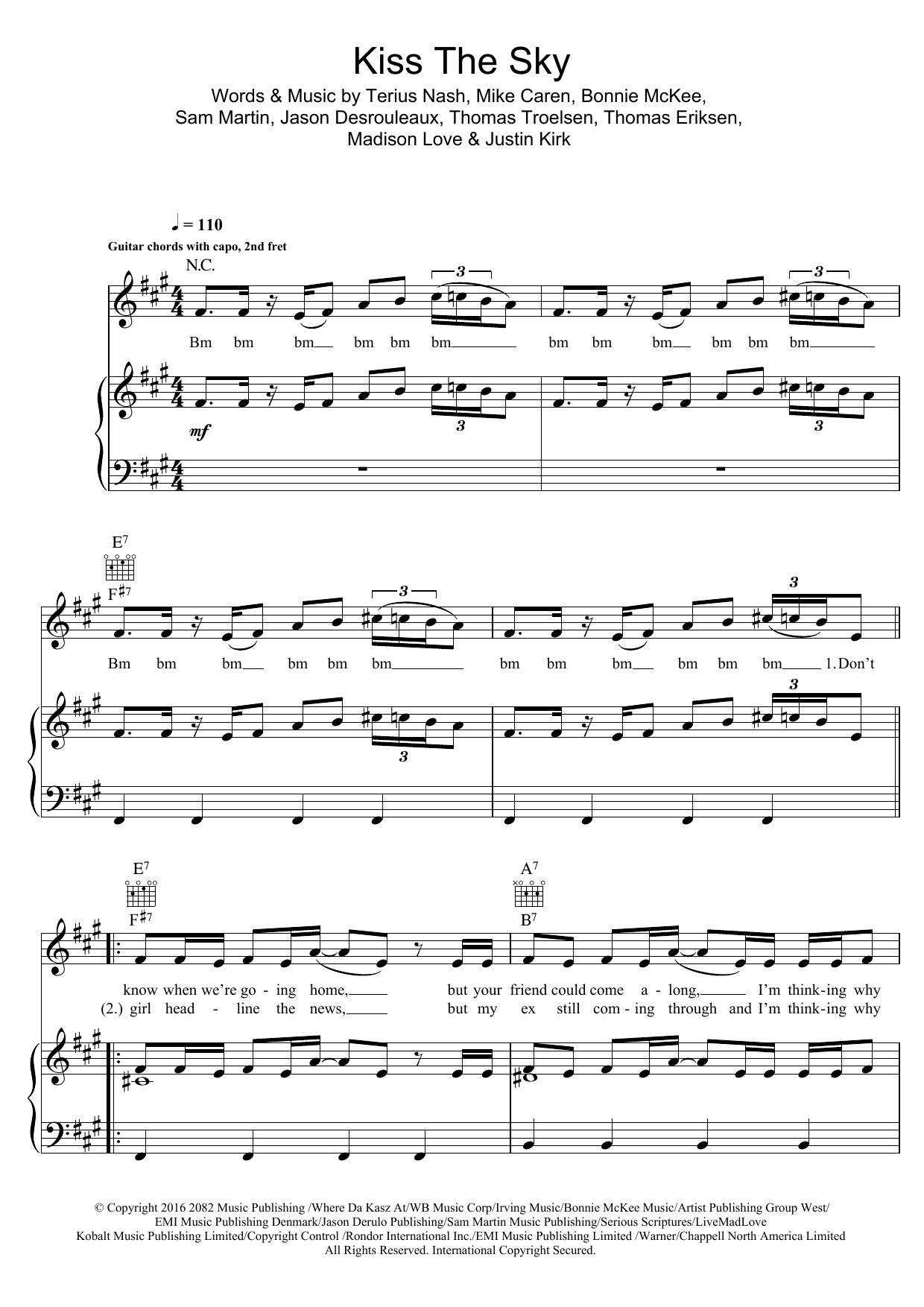 Jason Derulo Kiss The Sky Sheet Music Notes & Chords for Piano, Vocal & Guitar (Right-Hand Melody) - Download or Print PDF