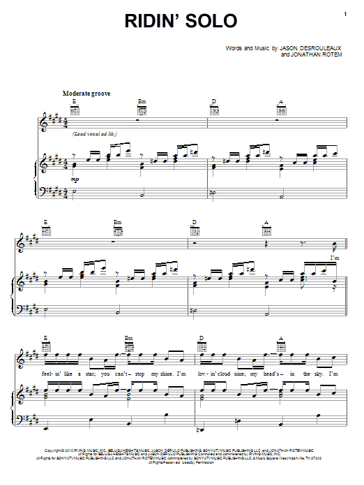 Jason Derulo Ridin' Solo Sheet Music Notes & Chords for Piano, Vocal & Guitar (Right-Hand Melody) - Download or Print PDF