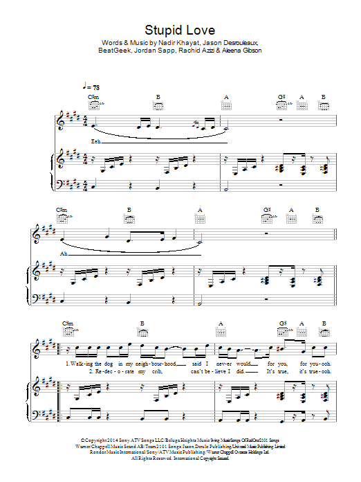 Jason Derulo Stupid Love Sheet Music Notes & Chords for Piano, Vocal & Guitar (Right-Hand Melody) - Download or Print PDF