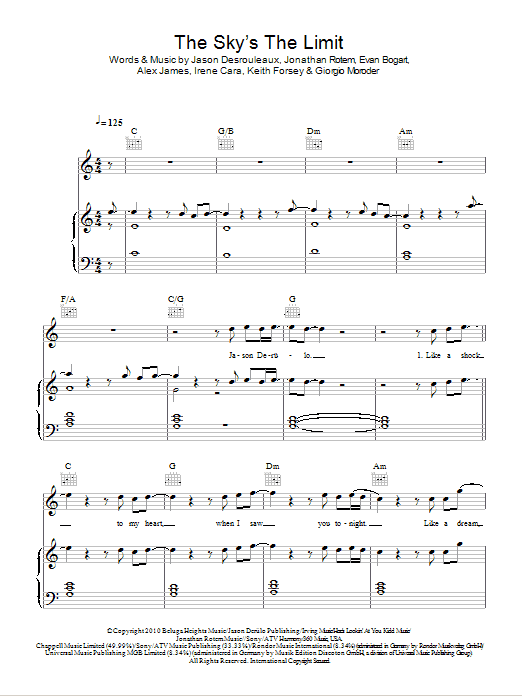 Jason Derulo The Sky's The Limit Sheet Music Notes & Chords for Piano, Vocal & Guitar (Right-Hand Melody) - Download or Print PDF