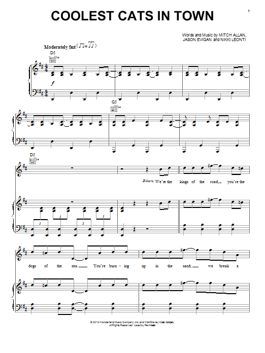 Jason Evigan Coolest Cats In Town Sheet Music Notes & Chords for Piano, Vocal & Guitar (Right-Hand Melody) - Download or Print PDF
