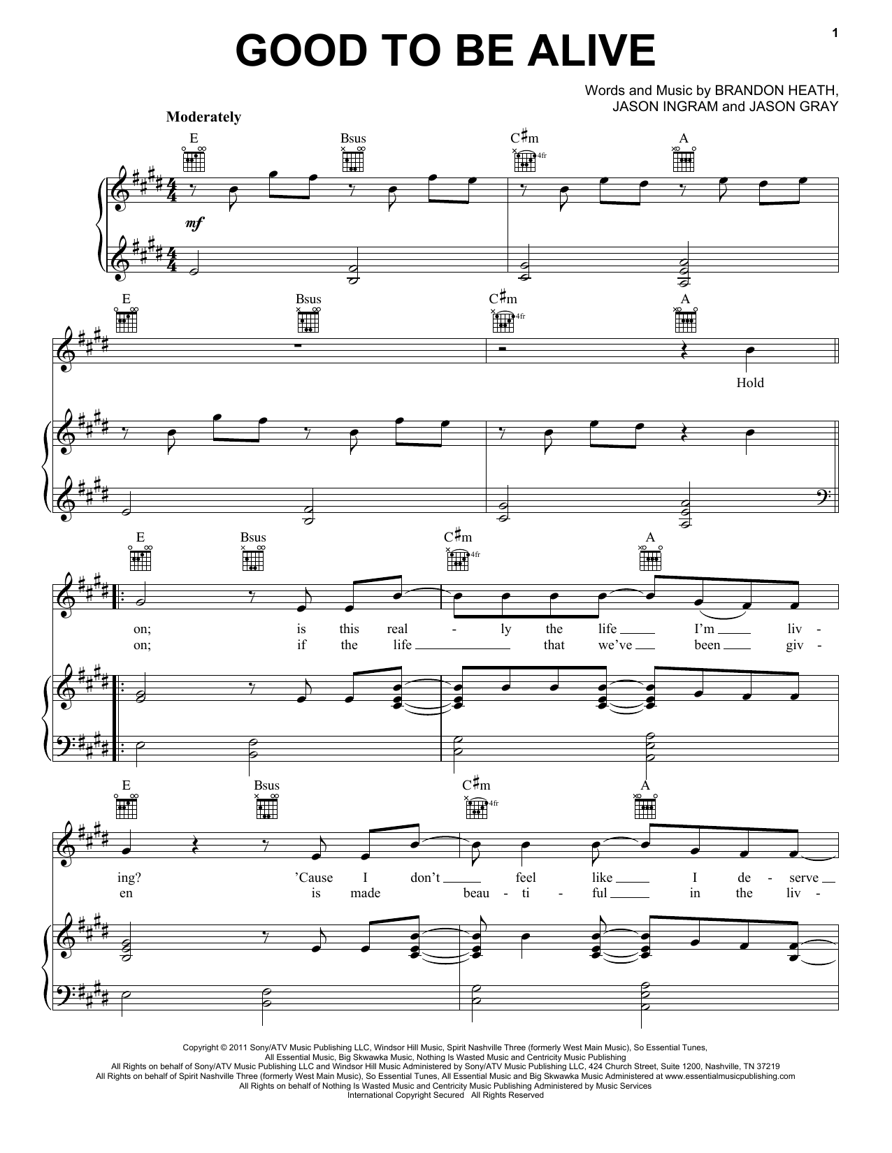 Jason Gray Good To Be Alive Sheet Music Notes & Chords for Piano, Vocal & Guitar (Right-Hand Melody) - Download or Print PDF