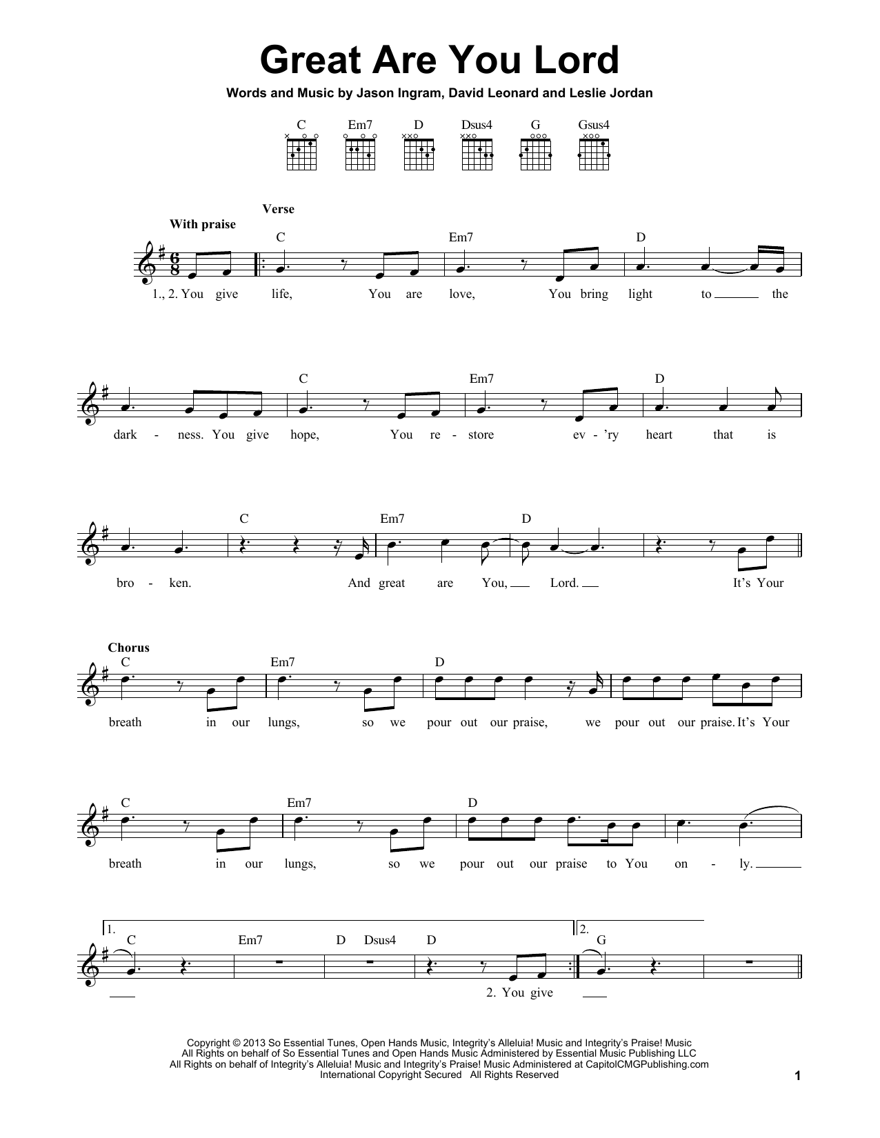 Jason Ingram Great Are You Lord Sheet Music Notes & Chords for Melody Line, Lyrics & Chords - Download or Print PDF