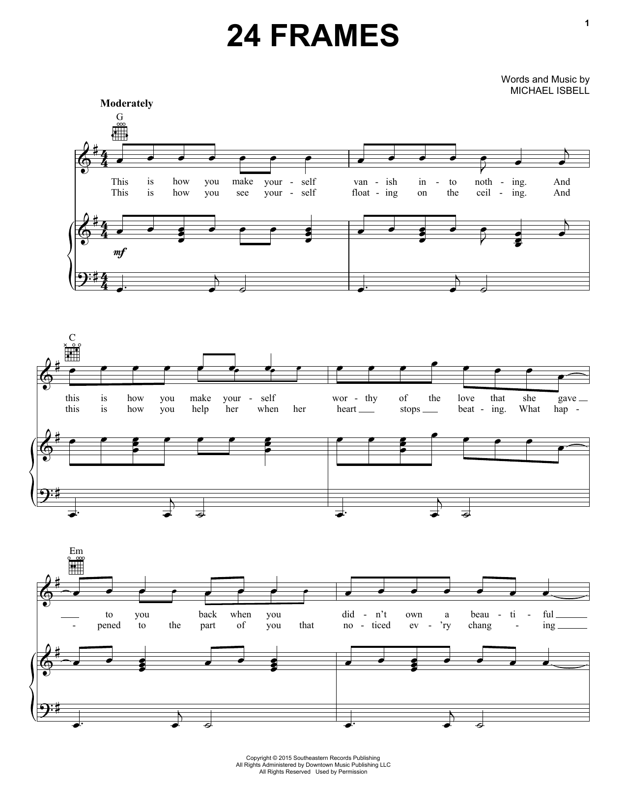 Jason Isbell 24 Frames Sheet Music Notes & Chords for Piano, Vocal & Guitar (Right-Hand Melody) - Download or Print PDF