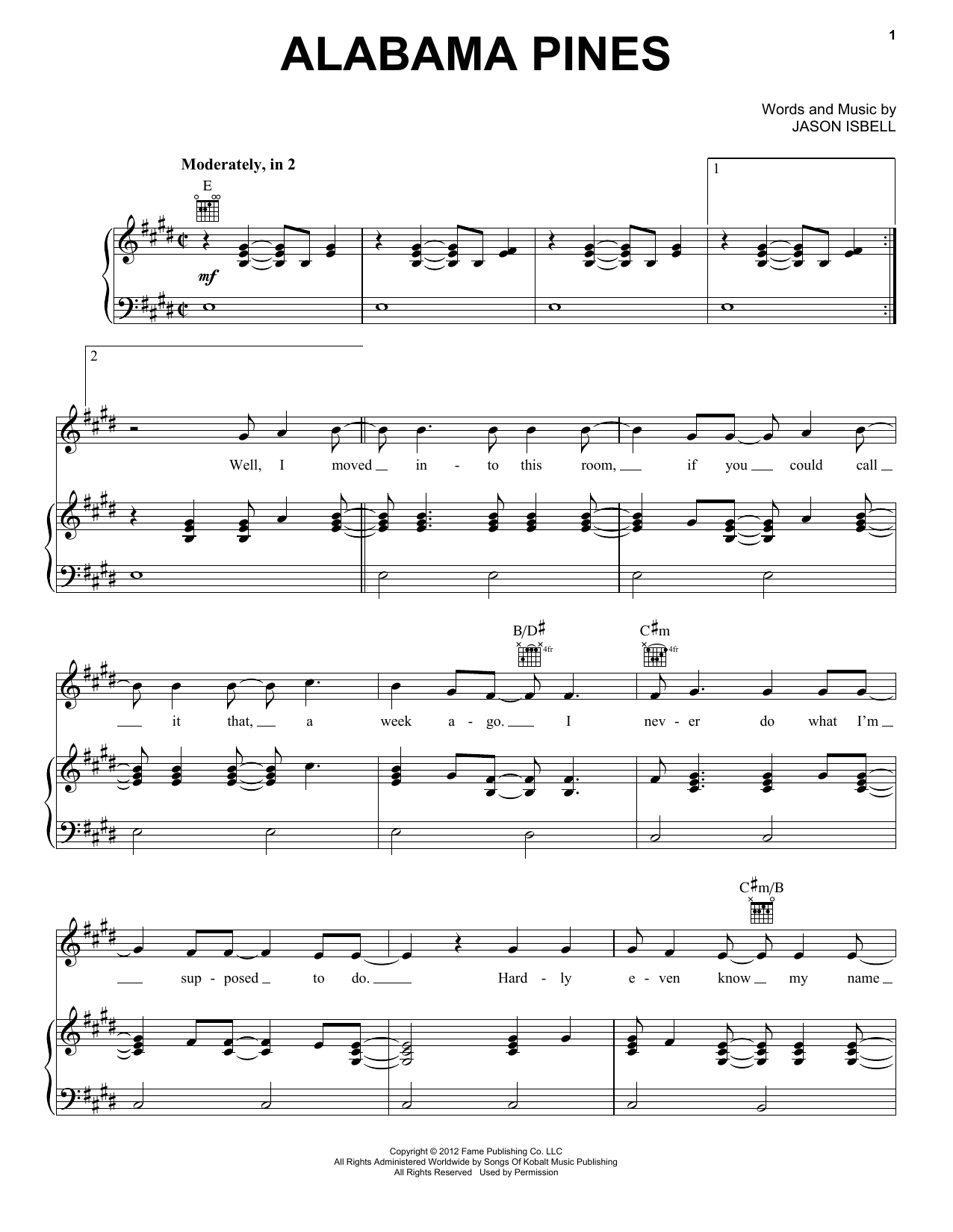 Jason Isbell & The 400 Unit Alabama Pines Sheet Music Notes & Chords for Piano, Vocal & Guitar (Right-Hand Melody) - Download or Print PDF