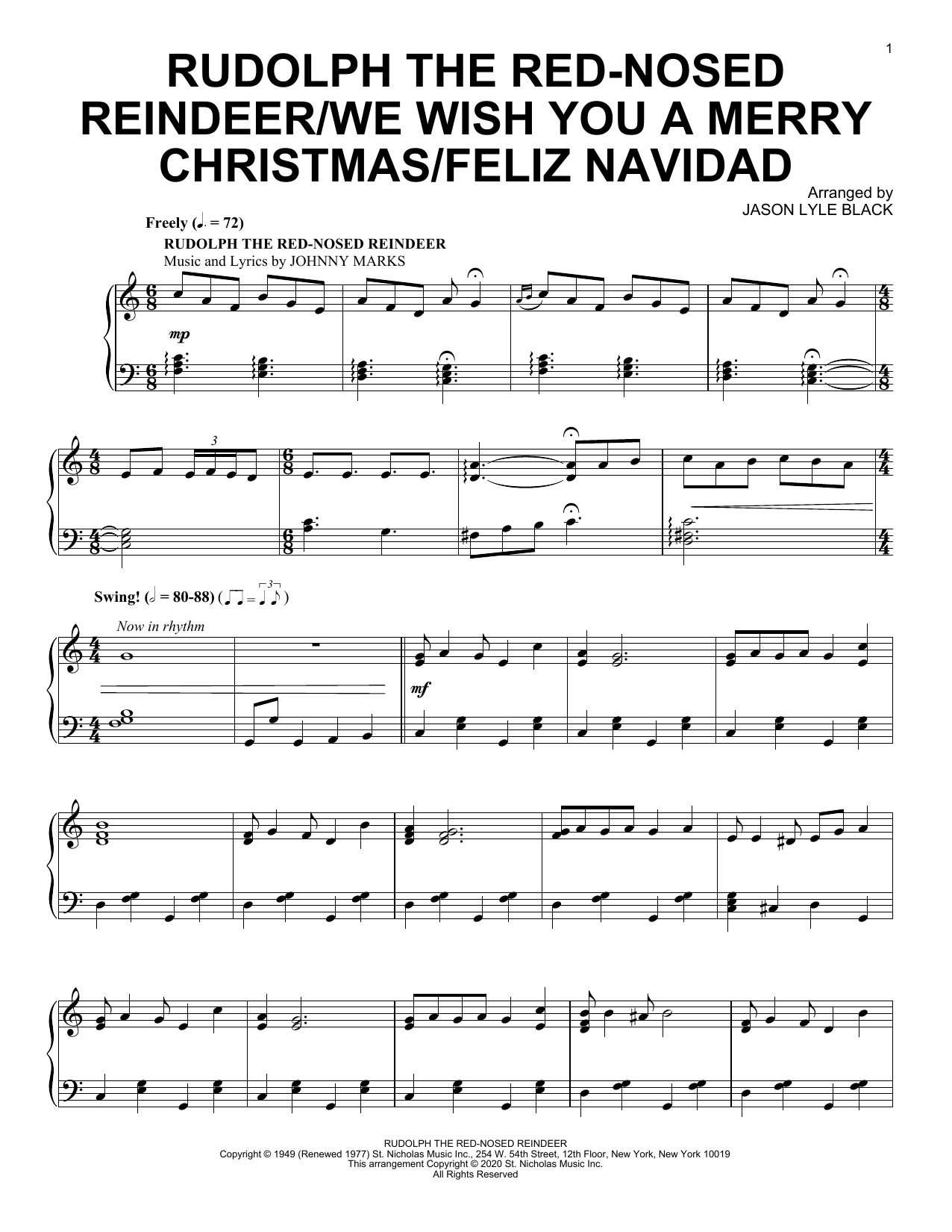 Jason Lyle Black Rudolph The Red-Nosed Reindeer/We Wish You A Merry Christmas/Feliz Navidad Sheet Music Notes & Chords for Piano Solo - Download or Print PDF