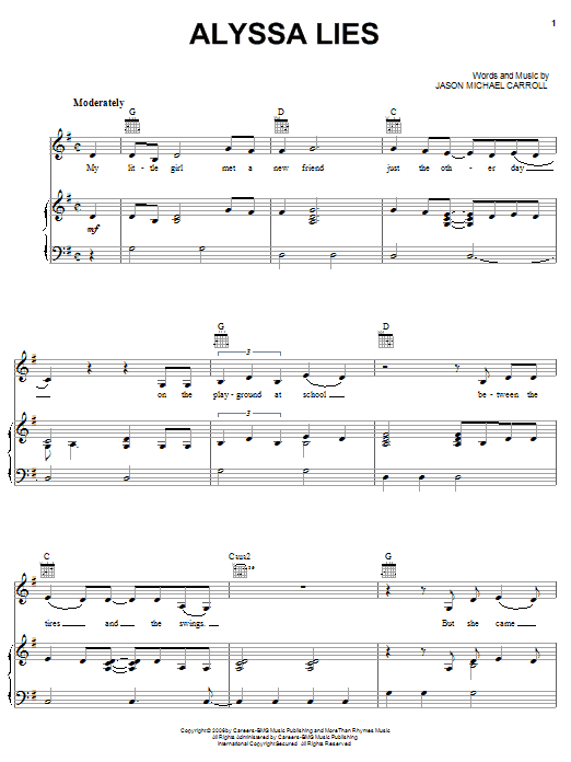 Jason Michael Carroll Alyssa Lies Sheet Music Notes & Chords for Easy Guitar Tab - Download or Print PDF