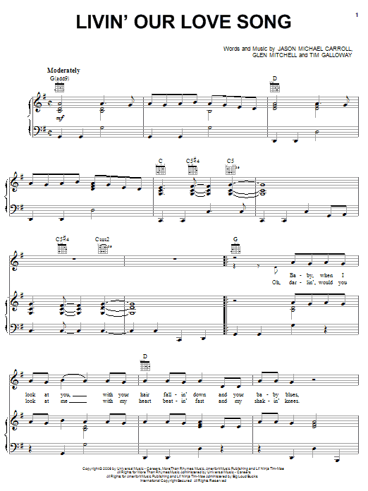 Jason Michael Carroll Livin' Our Love Song Sheet Music Notes & Chords for Piano, Vocal & Guitar (Right-Hand Melody) - Download or Print PDF