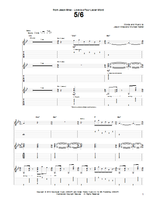 Jason Mraz 5/6 Sheet Music Notes & Chords for Piano, Vocal & Guitar (Right-Hand Melody) - Download or Print PDF