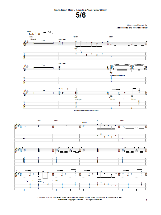 Jason Mraz 5/6 Sheet Music Notes & Chords for Guitar Tab - Download or Print PDF