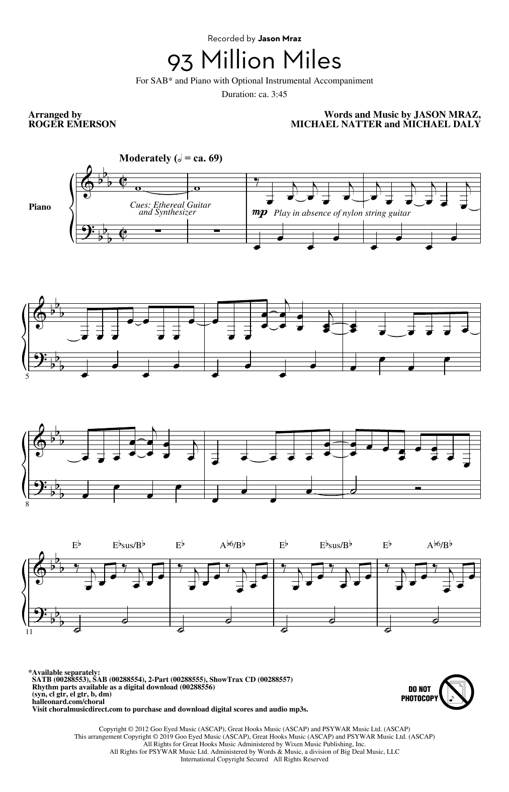 Jason Mraz 93 Million Miles (arr. Roger Emerson) Sheet Music Notes & Chords for 2-Part Choir - Download or Print PDF