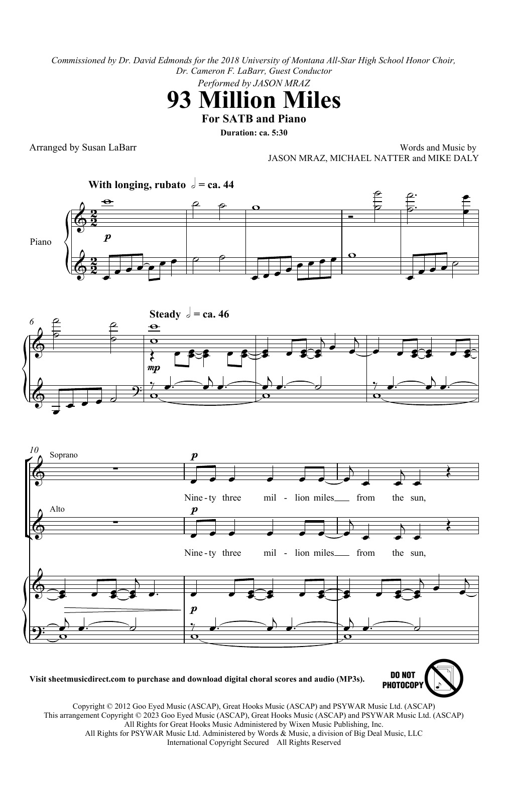 Jason Mraz 93 Million Miles (arr. Susan LaBarr) Sheet Music Notes & Chords for SATB Choir - Download or Print PDF