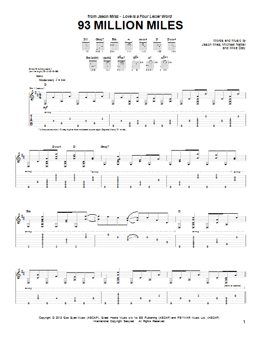 Jason Mraz 93 Million Miles Sheet Music Notes & Chords for Piano, Vocal & Guitar (Right-Hand Melody) - Download or Print PDF