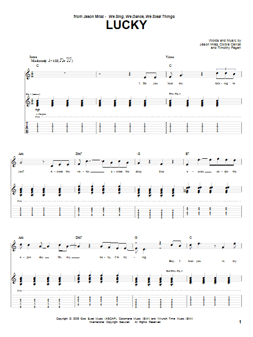 Jason Mraz & Colbie Caillat Lucky Sheet Music Notes & Chords for Easy Guitar Tab - Download or Print PDF