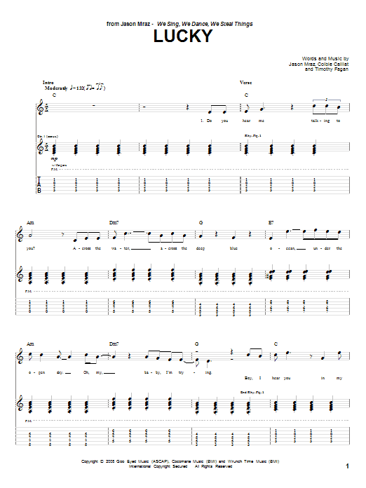 Jason Mraz & Colbie Caillat Lucky Sheet Music Notes & Chords for Guitar Lead Sheet - Download or Print PDF