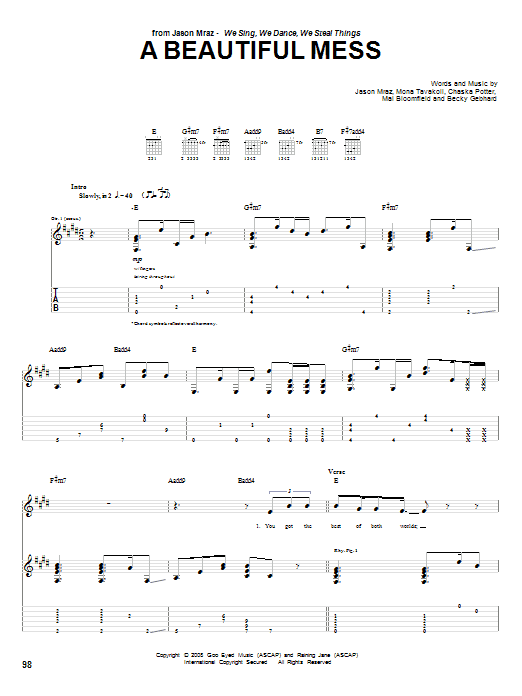 Jason Mraz A Beautiful Mess Sheet Music Notes & Chords for Guitar Tab - Download or Print PDF