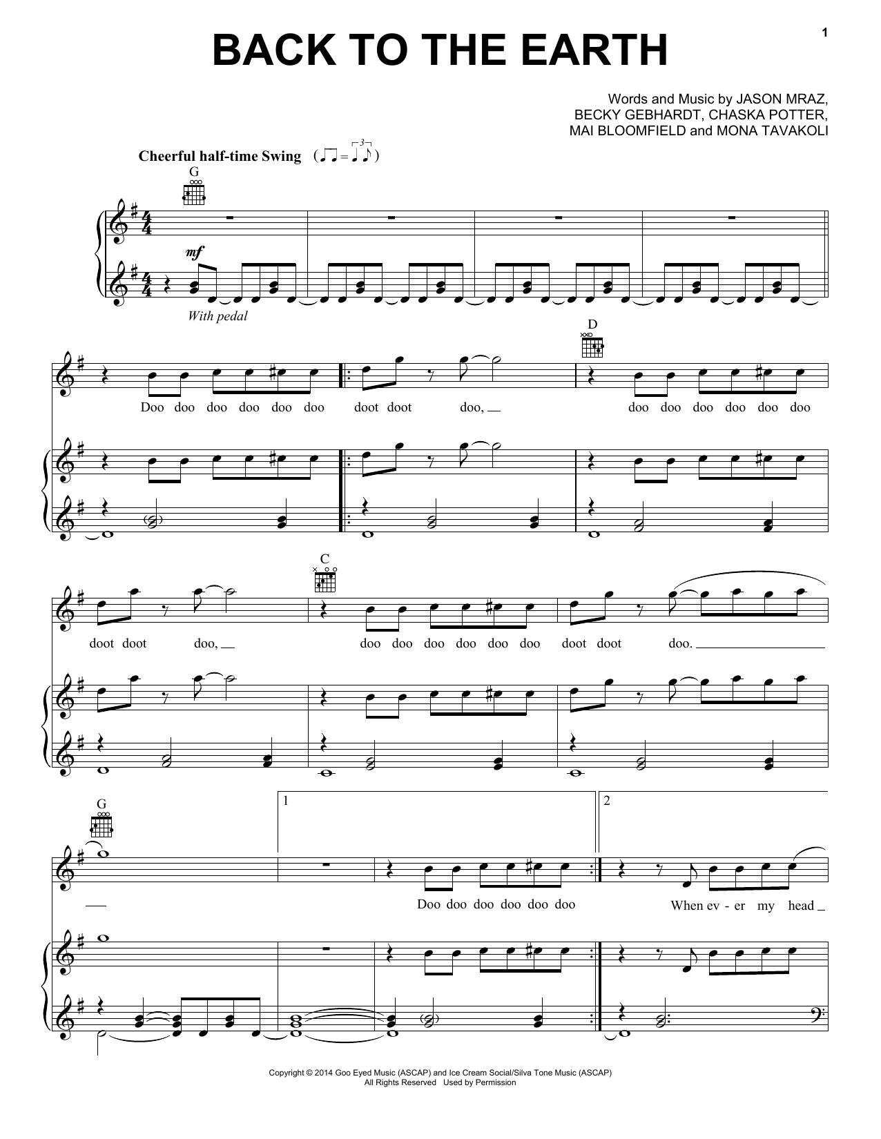 Jason Mraz Back To The Earth Sheet Music Notes & Chords for Piano, Vocal & Guitar (Right-Hand Melody) - Download or Print PDF