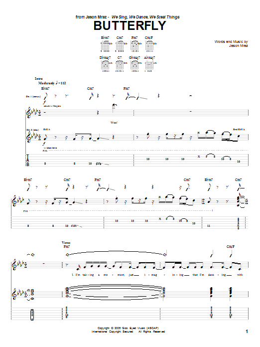 Jason Mraz Butterfly Sheet Music Notes & Chords for Guitar Tab Play-Along - Download or Print PDF